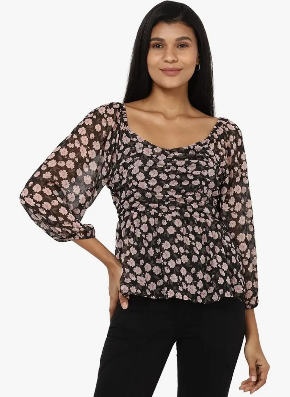 American Eagle Black Floral Long Sleeve Peplum Shirt Top Small